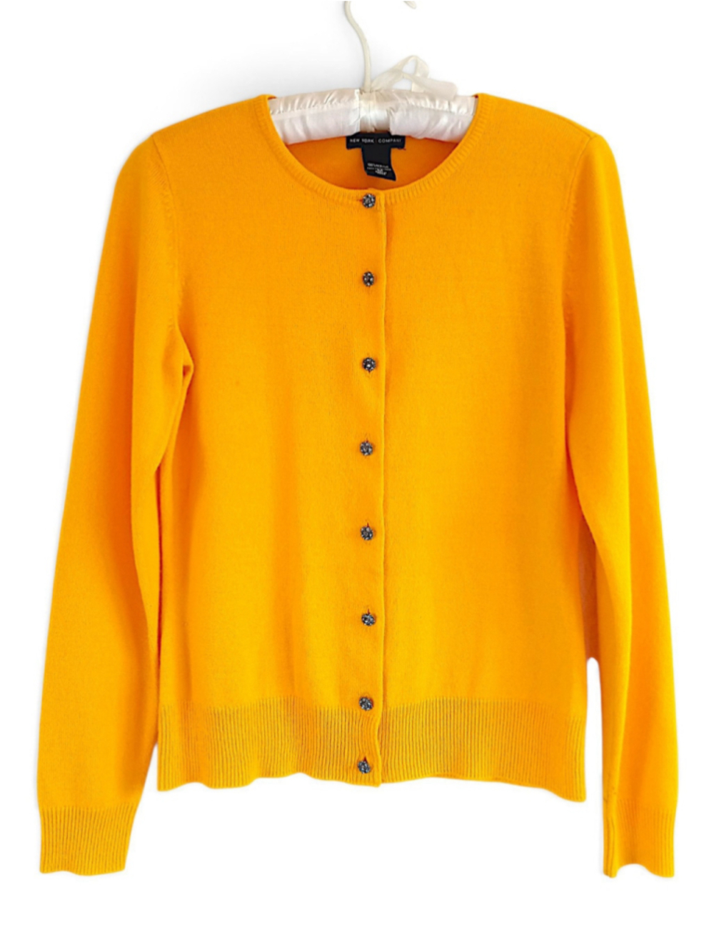 New York & Company Sunny Yellow Cardigan Sweater Size M rhinestone buttons soft